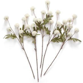 Laelfe 5Pcs Artificial Kiku Flower White, Fake Pompon Mum Silk Chrysanthemum Ball Long Stem, Fall Flower Decor for Autumn Wedding Filler DIY Bouquet Centerpieces Arrangements Shower