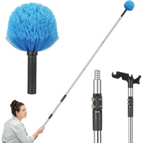 Cobweb Duster with Extension Pole, 6-11 ft Adjustable Telescopic Pole, Medium Stiff Bristles, Lightweight Spider Web Brush for High Ceilings, Walls, Indoor & Outdoor Cleaning, Blue