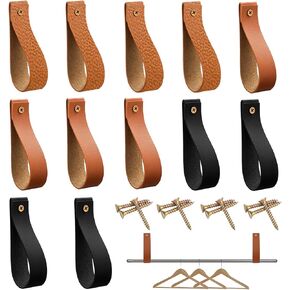 12 PCS PU Leather Wall Hooks Wall Hanging Strap Set with Nails (Lychee Pattern &Black &Brown), Leather Strap Wall Hooks for Hanging Towel Tapestry Canoe Paddle, Leather Curtain Rod Holder