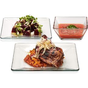 Libbey Tempo Glass Dinnerware Set, Sleek Square Clear Glass Plates and Bowls Set of 12, Dishwasher Safe Glass Dishes Set for Dinners and Parties