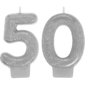 Sparkling Celebration 50th Silver Numeral Candles - 3" (Pack of 2) - Vibrant & Eye-Catching Design - Ideal Party Accessory
