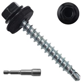 250pcs #10 x 1-1/2" Brown Hex Head Self-Drilling Metal Roofing Screws, EPDM Washer, Colored Head, Sheet Metal Roof Screw with Hex Driver Bit