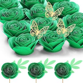3D Rolled Roses Paper Flowers Decorations Cupcake Tag, Mini Flower Cupcake Picks, Boho Toppers, Birthday, Wedding, Showers, Anniversary, Bachelorette Party (18 Pieces, Purple)