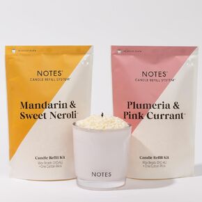 NOTES Sustainable Candle Kit | Non-Toxic Fragrance, Natural Wax Beads, Wick, and a refillable Vessel - Plumeria & Pink Currant + Mandarin & Sweet Neroli