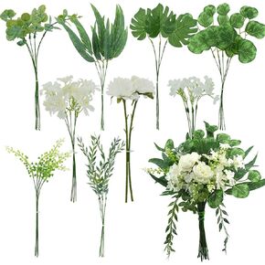 Tarklanda 40PCS 9 Kinds Mixed Eucalyptus Leaves Stems and Artificial Flowers Bulk Faux Silver Dollar Eucalyptus Faux Greenery Picks Bundle for Wedding Party DIY Bouquets Floral Arrangement Home Decor