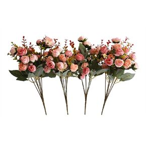 7 Branch 21 Heads Artificial Flowers Mini Rose Bouquet Silk Rose Bouquet Wedding Home Office Floral Decor Pack of 4 （Pink）