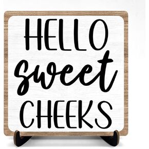 Hello Sweet Cheeks Bathroom Sign 5x5 Inch, Fun Bathroom Decor, Funny Bathroom Wooden Signs, Funny Farmhouse Bathroom Home Decor DMP12