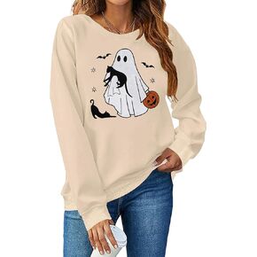 Halloween Sweatshirt Women Funny Spooky Season shirt Cute Ghost Cat Graphic Embroidered Pullover Tops
