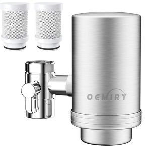NSF/ANSI 42 Certified Faucet Water Filter, Stainless Steel Faucet Water Filter for Kitchen Sink, Reduces 99.99% Lead, Chlorine, Heavy Metals, Bad Taste & Odor (2 Filters Included)