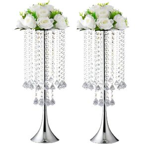 Luxurious Crystal(22.83"/58cm H) 2pcs Flower Stand Wedding Centerpieces on Floor, Tall Metal Flower Arrangement Stand, Tabletop Flower Vase for Wedding Party Dinner Event Hotel/Home Decor
