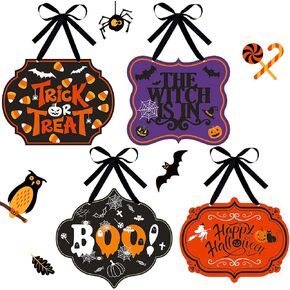 4 Pcs Halloween Felt Hanging Signs for Wreaths Happy Halloween Door Decorations Trick or Treat Wall Plaque Signs Pumpkin Witch Ghost Black Cat Bat Wall Decor Halloween Welcome Signs(Funny Style)