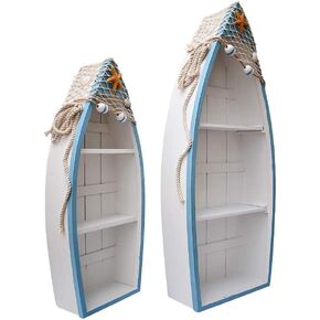 Morning View Wood Boat Shelf Decor Nautical Beach Theme Display Boat with 2 Shelves Standing Boat Shelf Wooden Boat Shelf Nautical Home Decor 19 Inch and 24 Inch 2 Pack