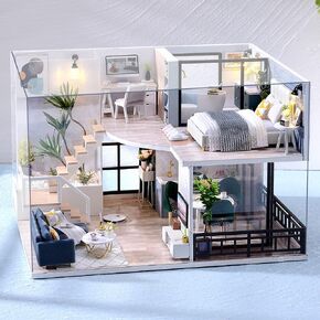 Lannso DIY Dollhouse Miniature Kit, Doll House Kit with Dust Proof Cover and Music Box, Mini Handmade Wooden Dollhouse Toys for Adult Gift(ES011)