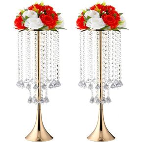 Luxurious Crystal(22.83"/58cm H) 2pcs Flower Stand Wedding Centerpieces on Floor, Tall Metal Flower Arrangement Stand, Tabletop Flower Vase for Wedding Party Dinner Event Hotel/Home Decor