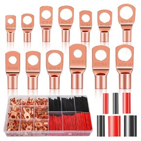 303pcs Copper Lugs Kit, Battery Terminals Battery Cable Ends, AWG 4 6 8 10 12 Gauge Wire Connectors, 133Pcs Wire Lugs Terminal Connectors with 170Pcs Heat Shrink Tubing for Marine Electrical