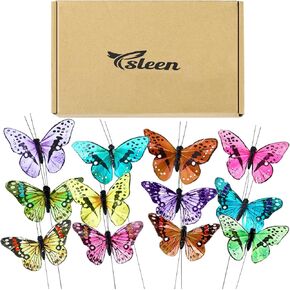 12 Set Monarch Butterfly Decorations Feather Butterflies Picks Butterflies for Spring Flower Arrangements Butterfly on Wire for Crafts Butterfly DIY Crafts Garland(Bright Color,4x2.4 Inch)