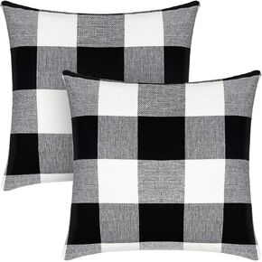 Syntus Set of 2 Buffalo Check Throw Pillow Covers Farmhouse Outdoor Plaid Square Pillow Cushion Case Black and White Polyester Linen for Christmas Thanksgiving Decor Car Bed Sofa, 18 x 18 inches