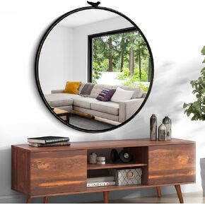 28" Round Decoration Black with Bird on The Top Wall Mirror with Golden Lines - Large Modern Metal Frame Bathroom Mirrors Decorative Hanging Mirror for Living Room, Bedroom, Entryway, Foyer