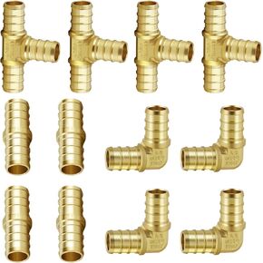 12PCS PEX Fitting Combo with 1/2'' Straight Coupling (4PCS), 1/2" 90 Degree Elbow (4PCS), 1/2" PEX Tees(4PCS), Brass Barb Crimp Pipe Hose Fittings in Plumbing Jobs