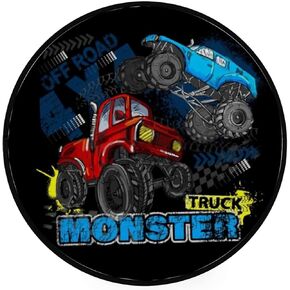 Kuizee Round Area Rug Mat Blue Monster Truck Boy Living Room Bedroom Bathroom Kitchen Home Decor Coral Velvet Non-Slip Round Carpet 36 Inch