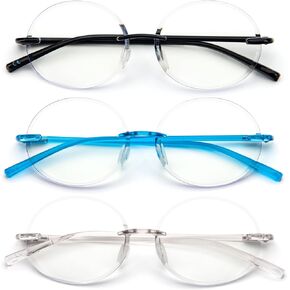 KoKoBin 3 Pack Rimless Round Reading Glasses,Blue Light Blocking for Men and Women