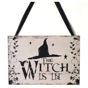 Soochat Halloween Witch is in Wooden Plaque Hanging Sign Welcome Sign for Haunted House Halloween Party Decorations