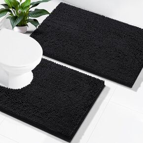smiry Bathroom Rugs and Mats Set, 2 Piece U Shaped Chenille Bath Mat and U-Shaped Toilet Rug Set, Non Slip Absorbent Shaggy Bath Rug for Tub, Shower and Bath Room (24" x 16"+24" x 20", Black)