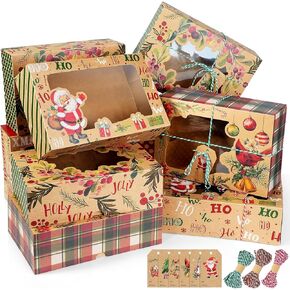 Zachely 24 Christmas Cookie Boxes, Bulk Large Christmas Kraft Paper Treat Boxes with Tags & Ribbons, 6 Styles Holiday Cookie Boxes for Gift Giving, Xmas Cookie Tins with Lids for Cake, Bakery, Donuts