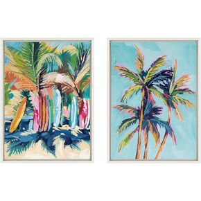 Kate and Laurel Sylvie Surf and Sand and Tropical Palms Study Framed Canvas Wall Art Set by Rachel Christopoulos, 2 Piece 18x24 White, Coastal Beach Palm Tree Art for Wall