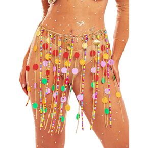 Zoestar Rainbow Dot Sequin Chain Skirt Beaded Rave Belly Dance Skirt Festival Club Skirt for Women