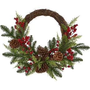 Nearly Natural 22in. Mixed Cedar with Berries and Pine Cones Artificial Wreaths, Green/Red , 3.5x22x22
