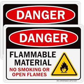 2 Pack Danger Flammable Material Signs, 10 x 7 Inch Aluminum No Smoking Or Open Flames Sign, Rust Free, UV Protected, Easy to Install- Indoor or Outdoor Use