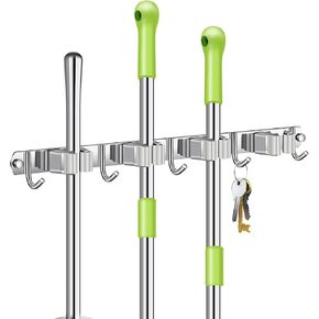 Broom Holder Wall Mount Heavy Duty Mop Storage Hook Hangers Self Adhesive Stainless Steel 5 Hook 4 Rack