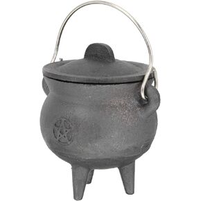 Angoily Halloween Witches Cauldron, Cast Iron Cauldron with Lid and Handle, Black Cauldron Pot for Burning Incense, Smudging, Charcoal Incense (Threephase Moon)