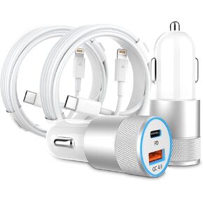 Car Charger [Apple MFi Certified], 2 Pack 48W Dual Port USB C Charger All Metal iPhone Fast Car Adapter with 2x3ft Lightning Cable, PD/QC 4.0 Type C Rapid Car Charging for iPhone/iPad/Airpods and more