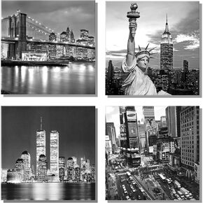 New York City Canvas Art Black and White Brooklyn Bridge Statue of Liberty Empire State Building Contemporary Decorations for Living Room Office Bedroom Home Decor(12"x 12"x 4pcs Framed)