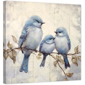 DOARTDO Bird Canvas Wall Art Love Birds Painting Blue and Gray Bird Pics Tree Branches with Flowers Artwork for Home Decor Frame (Bird - 3,12.00" x 12.00")
