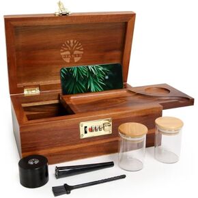 Wooden Box Combination Lock - Acacia Wood Box Large Storage Box with 2 Airtight Jars & Accessories