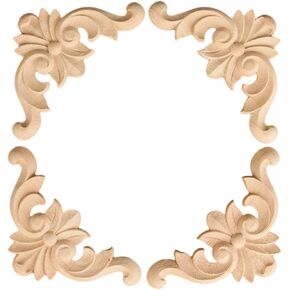 MUXSAM Wood Carved Onlay Appliques, Unpainted Wooden Corner Carving Decals, Furniture Decor for Cabinet Headboard Cupboard Mirror Sofa Mantel Side Table TV Stand Upgrade, 4-Pack, 6x6cm/2.36"x2.36"