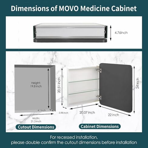 Movo 24 inch X 22 inch Medicine Cabinet with Mirror,Black Medicine Cabinets for Bathroom,Adjustable Glass Shelves, Waterproof and Rust-Resist,Recessed or Surface Mount Medicine Cabinet in Saudi Arabia