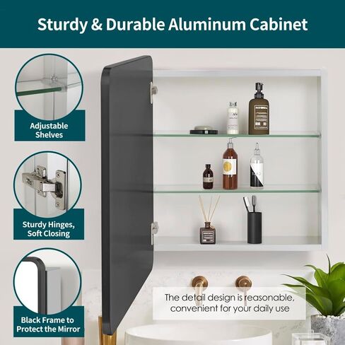 Movo 24 inch X 22 inch Medicine Cabinet with Mirror,Black Medicine Cabinets for Bathroom,Adjustable Glass Shelves, Waterproof and Rust-Resist,Recessed or Surface Mount Medicine Cabinet in Saudi Arabia