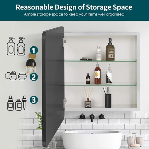 Movo 24 inch X 22 inch Medicine Cabinet with Mirror,Black Medicine Cabinets for Bathroom,Adjustable Glass Shelves, Waterproof and Rust-Resist,Recessed or Surface Mount Medicine Cabinet in Saudi Arabia