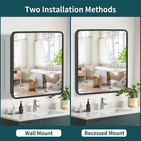 Movo 24 inch X 22 inch Medicine Cabinet with Mirror,Black Medicine Cabinets for Bathroom,Adjustable Glass Shelves, Waterproof and Rust-Resist,Recessed or Surface Mount Medicine Cabinet in Saudi Arabia