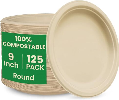 12.5 Inch Compostable Oval Plates [125-Value Pack] - Sustainable and Heavy-Duty Compostable Paper Plates, Natural Sugarcane Bagasse Biodegradable Plates, Natural Brown in Kuwait