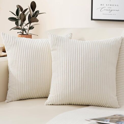 Mecatny Corduroy Throw Pillow Covers 18x18 Set of 2 - Striped Decorative Pillow Covers for Living Room, Bed - Soft Square Couch Pillow Covers for Sofa - Cream White in Kuwait