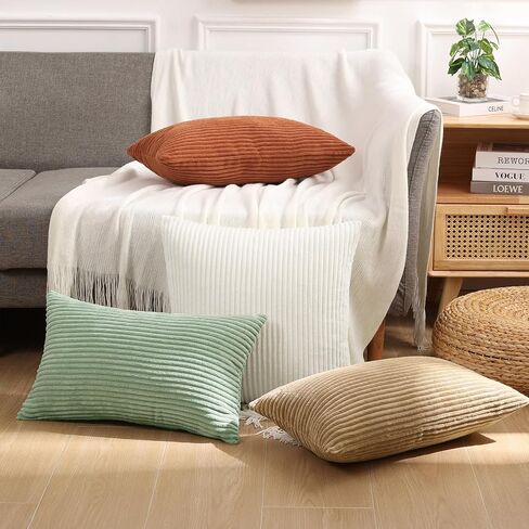 Mecatny Corduroy Throw Pillow Covers 18x18 Set of 2 - Striped Decorative Pillow Covers for Living Room, Bed - Soft Square Couch Pillow Covers for Sofa - Cream White in Kuwait