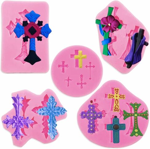 5 قطع من قوالب الشوكولاتة المتقاطعة، قوالب AIFUDA Cross Fondant لتزيين الكيك المعمودية، قالب سيليكون متقاطع لتزيين ملحقات الطين لحفلات المعمودية in Kuwait