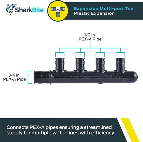 SharkBite 4 Port PEX Expansion Poly Tee, 3/4 Inch Closed Trunk with 1/2 Inch Outlet, Multi Line Water Manifold Plumbing Fittings for PEX-A Tubing, UAMPT4C in Kuwait