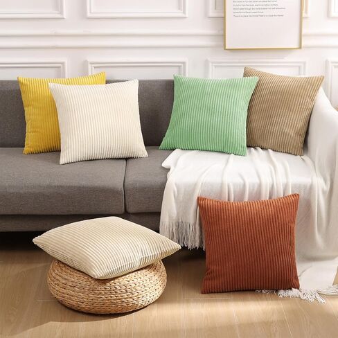 Mecatny Corduroy Throw Pillow Covers 18x18 Set of 2 - Striped Decorative Pillow Covers for Living Room, Bed - Soft Square Couch Pillow Covers for Sofa - Cream White in Kuwait