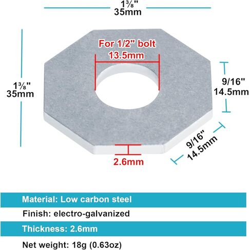 30 حزمة من غسالة القنوات ذات الدعامة المركزية، لوحة غسيل مثمنة مسطحة 1-3/8 بوصة، لقناة تبختر 1-5/8 بوصة تناسب مسمار 1/2 بوصة، فولاذ مجلفن كهربائيًا in Kuwait